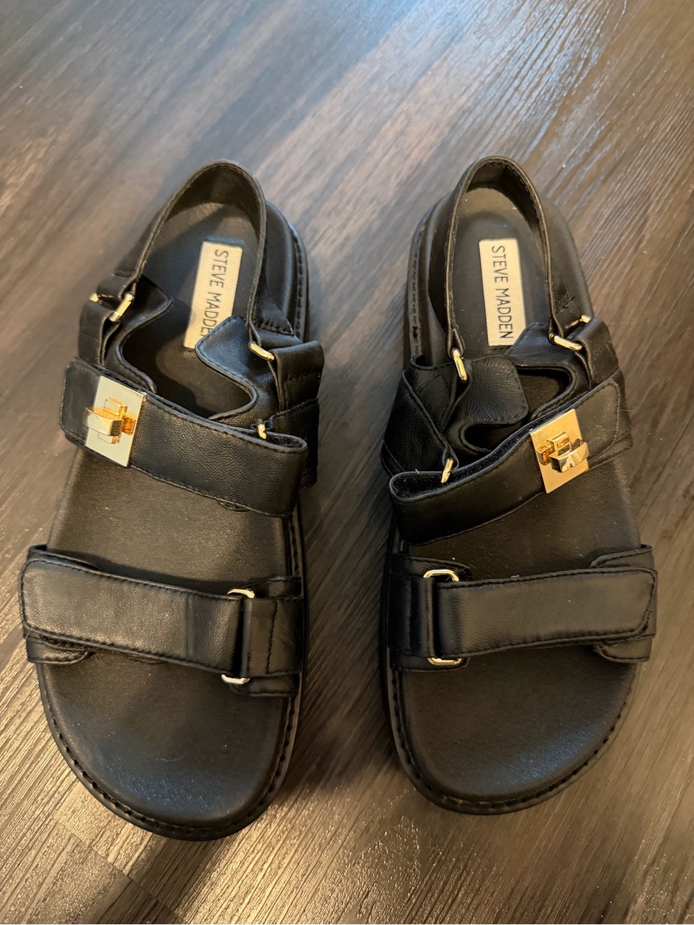 Steve Madden Black Leather Men's Sandals with Gold Hardware